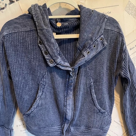 Free People One Mason Hoodie Zip Waffle Knit Slouchy Pockets Wash Dark Blue - Picture 5 of 5